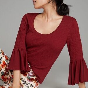 Anthropologie Red Top Smocked Size S NWT Bell-Sleeves Wine Color Retro Glam Date